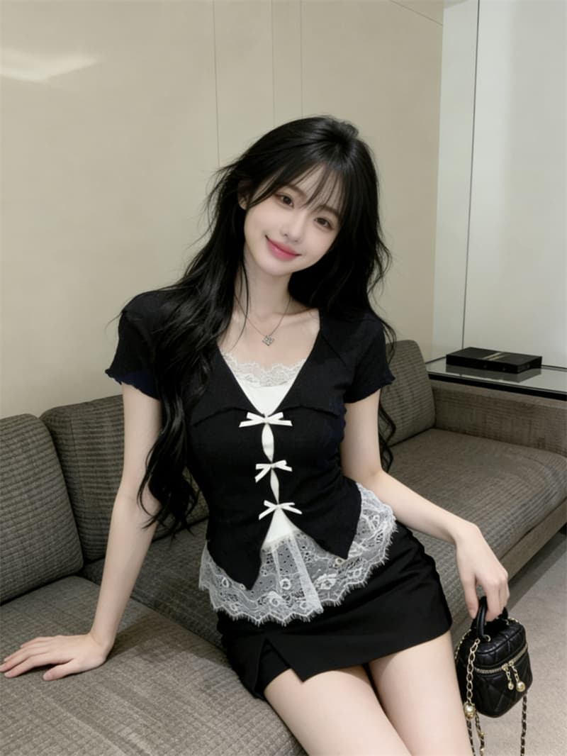 있음 보호 2026 순수한 욕망 디자인 나비 매듭 페이크 레이어드 레이스 조각 작은 셔츠 여성용 짧은 소매 동정 여성 셔츠 상세 이미지 11