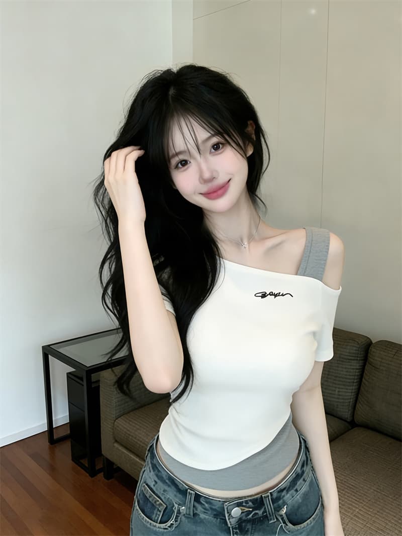 있음 보호 여름 켜기 새로운 페이크 레이어드 패치워크 색상 알파벳 자수 핫걸 오프숄더 반팔 티셔츠 여성 기본 셔츠 맨위 상세 이미지 5