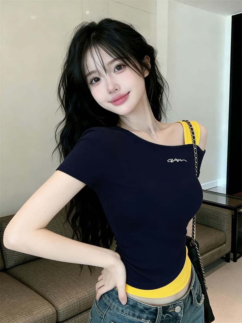 있음 보호 여름 켜기 새로운 페이크 레이어드 패치워크 색상 알파벳 자수 핫걸 오프숄더 반팔 티셔츠 여성 기본 셔츠 맨위 상세 이미지 10