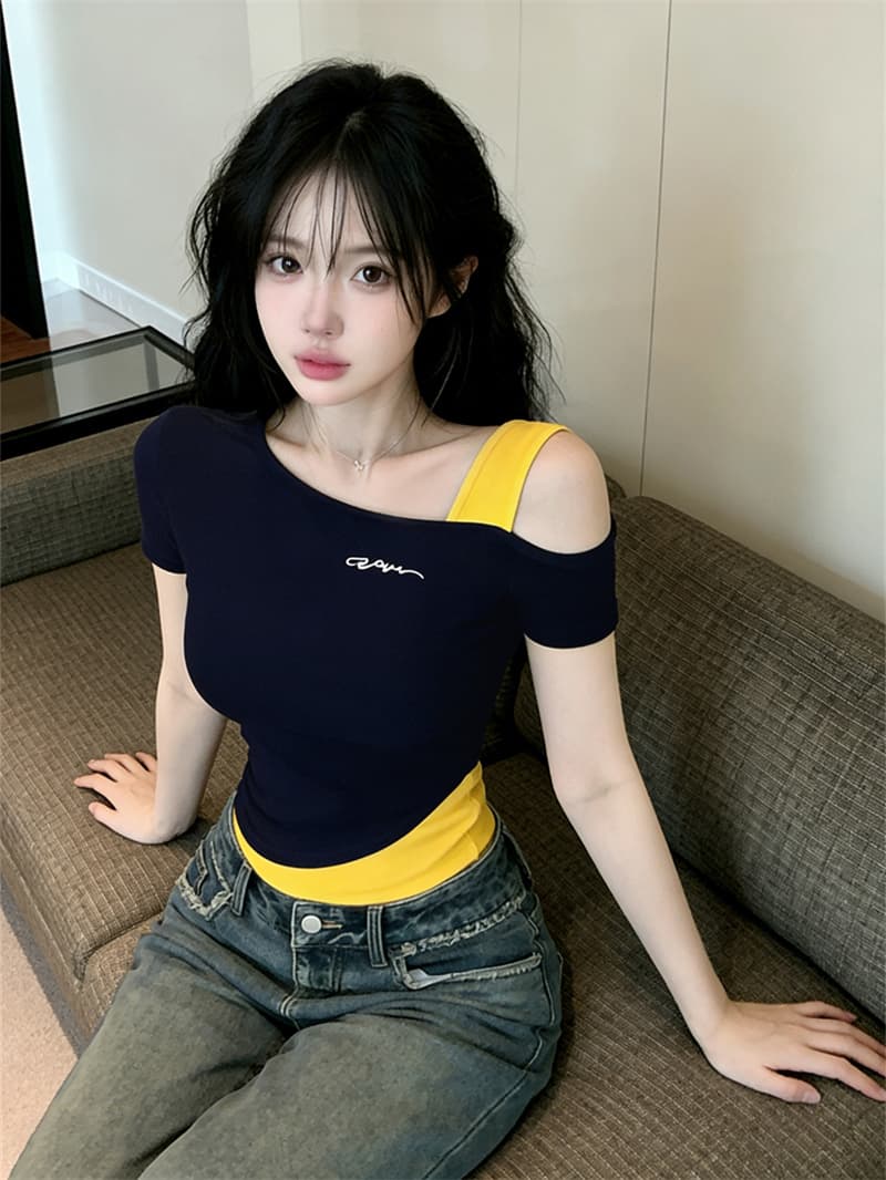 있음 보호 여름 켜기 새로운 페이크 레이어드 패치워크 색상 알파벳 자수 핫걸 오프숄더 반팔 티셔츠 여성 기본 셔츠 맨위 상세 이미지 11