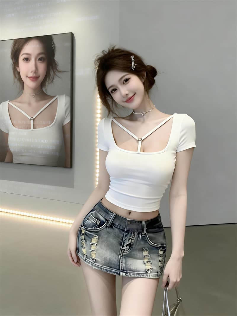 있음 보호 여름 켜기 새로운 핫걸 바람 벨트 가슴 패드 슬링 V넥 반팔 티셔츠 여성 몸매 가꾸기 슬림해 보이는 맨위 만나는