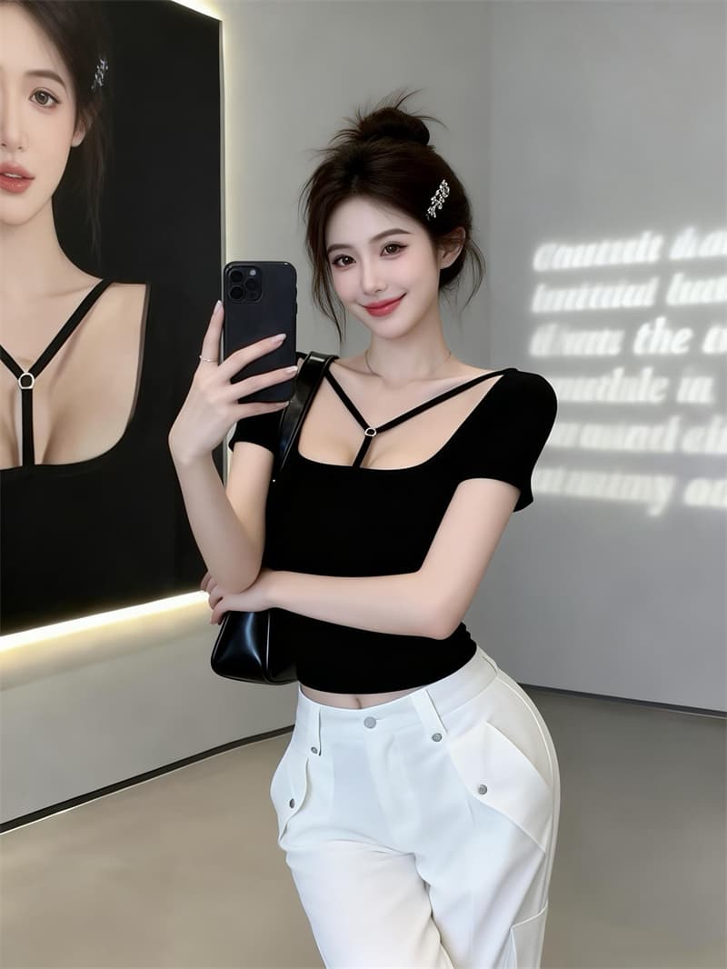 있음 보호 여름 켜기 새로운 핫걸 바람 벨트 가슴 패드 슬링 V넥 반팔 티셔츠 여성 몸매 가꾸기 슬림해 보이는 맨위 만나는 상세 이미지 5