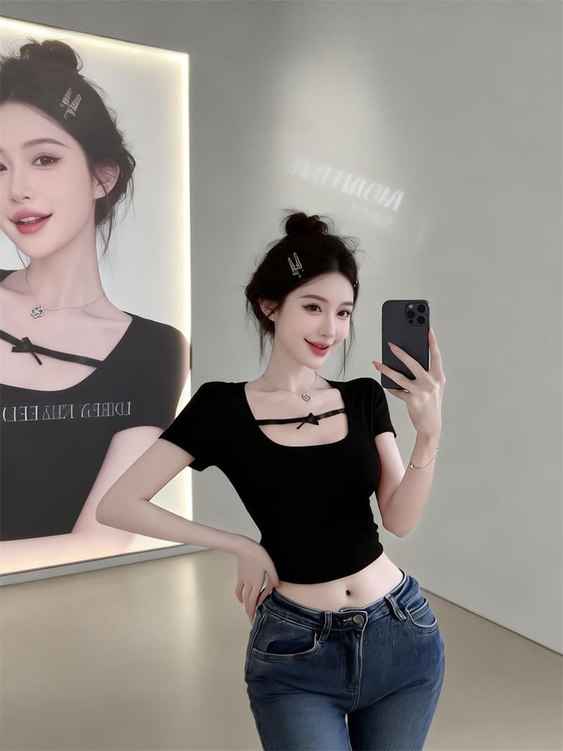 있음 보호 여름 켜기 새로운 핫걸 바람 벨트 가슴 패드 백리스 홀로우 아웃 반팔 티셔츠 여성 몸매 가꾸기 슬림해 보이는 맨위 만나는 상세 이미지 5