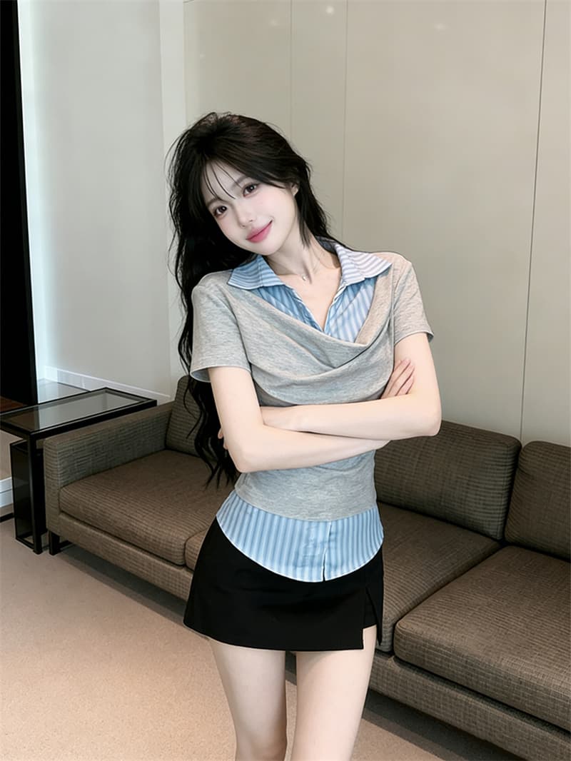 실사 여름 켜기 새로운 한 부서 학원 스타일 폴로 칼라 페이크 레이어드 반팔 여성 셔츠 품격 연령 감소 맨위 티셔츠 여성 상세 이미지 9
