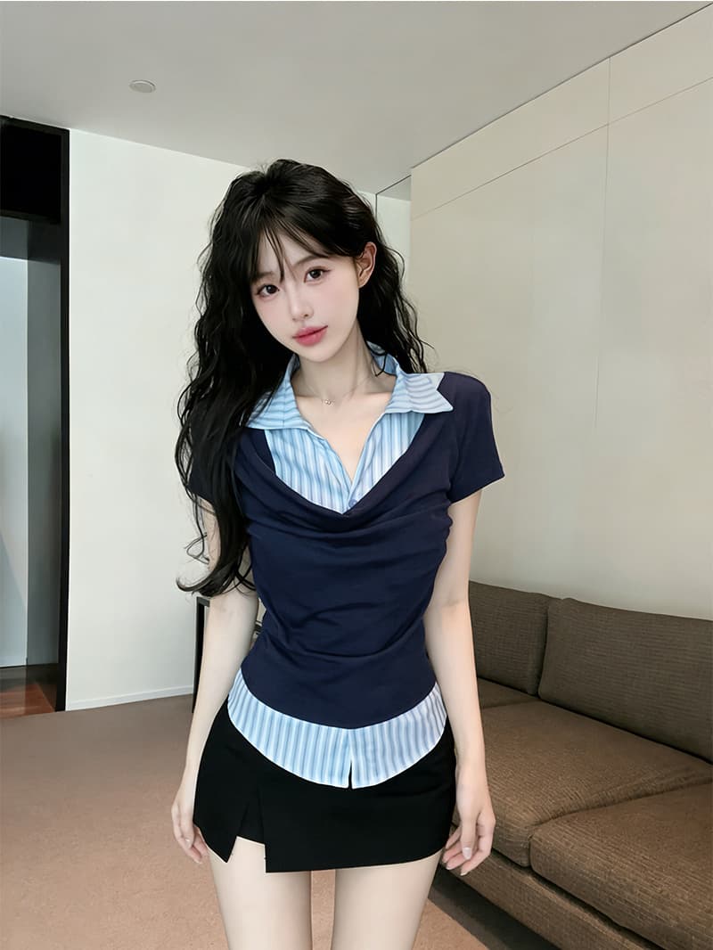 실사 여름 켜기 새로운 한 부서 학원 스타일 폴로 칼라 페이크 레이어드 반팔 여성 셔츠 품격 연령 감소 맨위 티셔츠 여성 상세 이미지 11