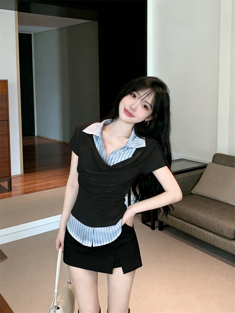 실사 여름 켜기 새로운 한 부서 학원 스타일 폴로 칼라 페이크 레이어드 반팔 여성 셔츠 품격 연령 감소 맨위 티셔츠 여성 상세 이미지 17