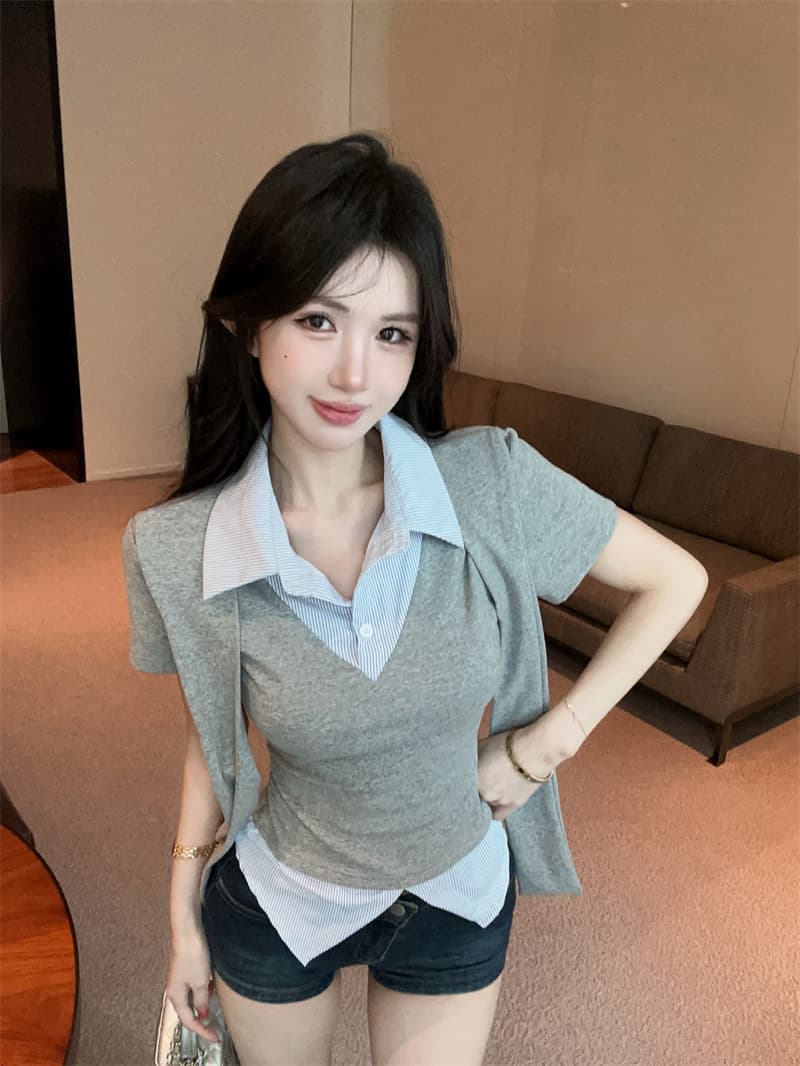 실사 여름 켜기 새로운 높음 지혜 센스 패션 페이크 레이어드 숄 반팔 패치워크 여성 셔츠 학원 스타일 티셔츠 맨위 상세 이미지 2