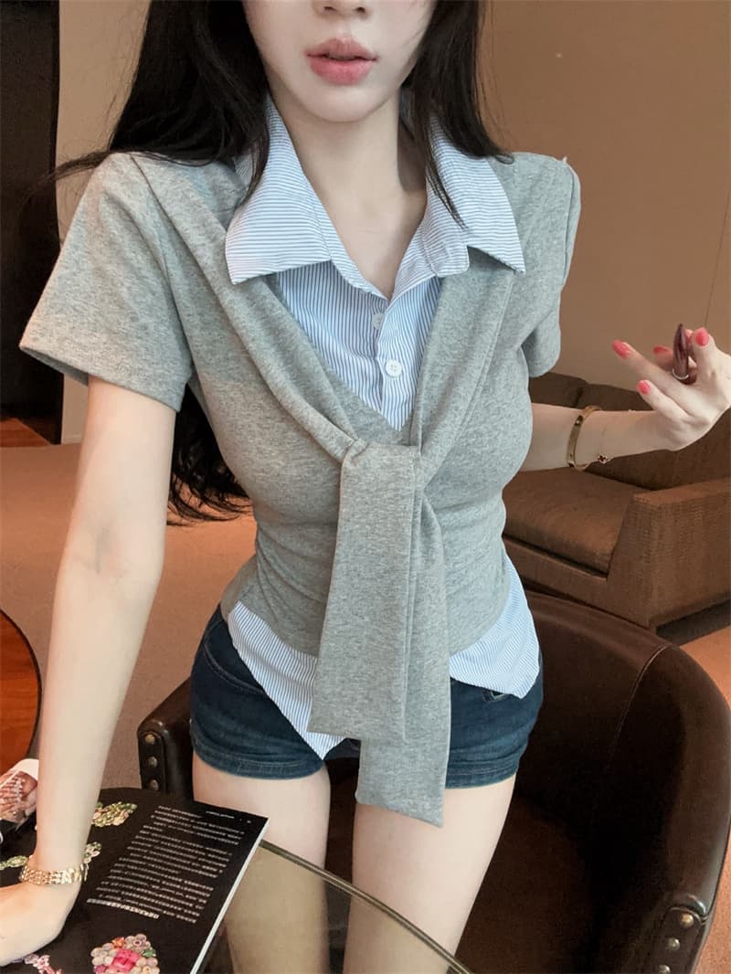 실사 여름 켜기 새로운 높음 지혜 센스 패션 페이크 레이어드 숄 반팔 패치워크 여성 셔츠 학원 스타일 티셔츠 맨위 상세 이미지 4