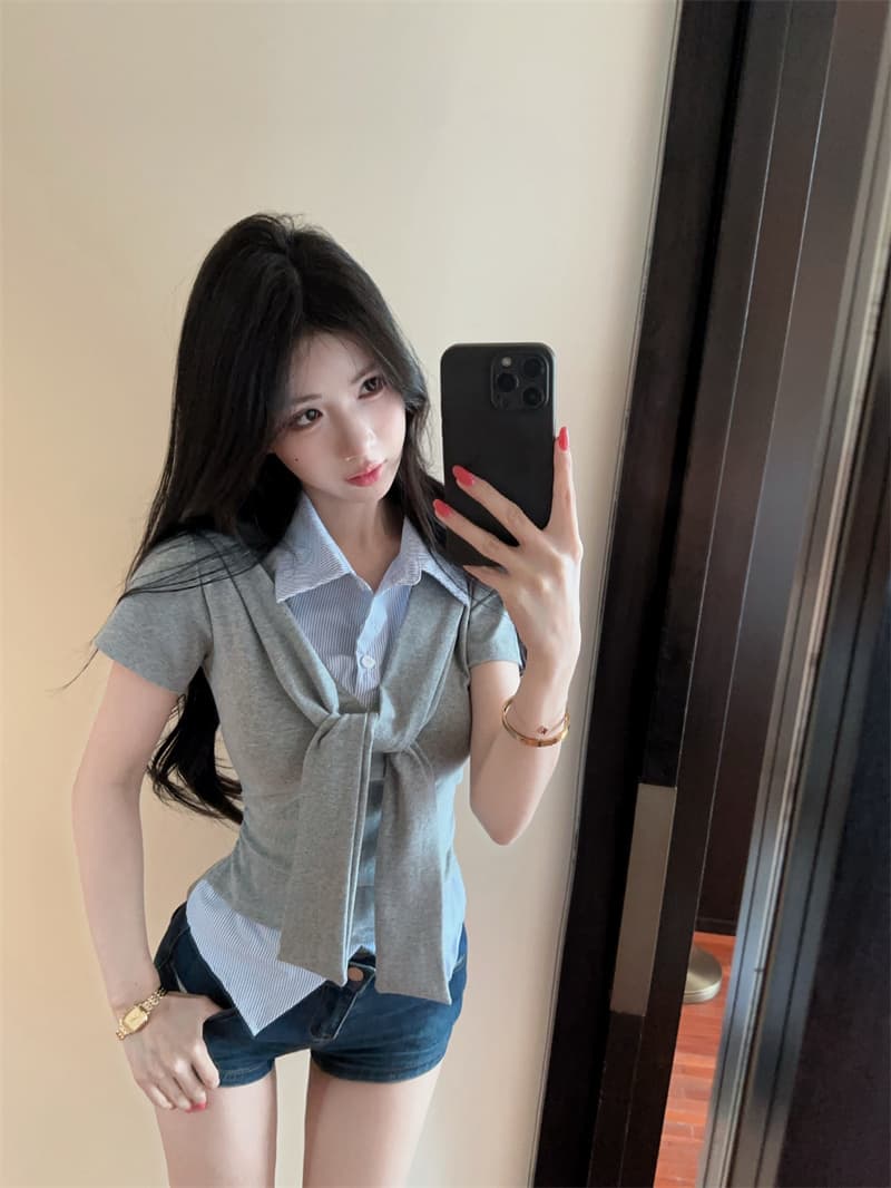 실사 여름 켜기 새로운 높음 지혜 센스 패션 페이크 레이어드 숄 반팔 패치워크 여성 셔츠 학원 스타일 티셔츠 맨위 상세 이미지 6