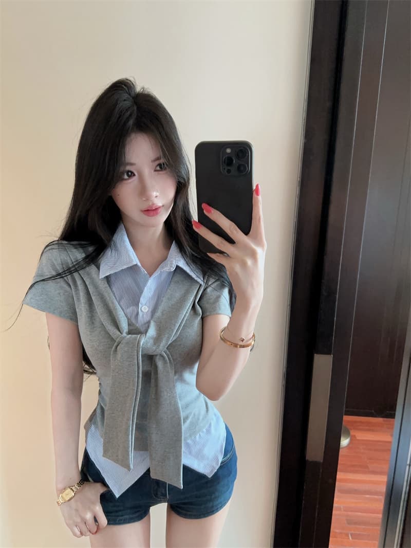 실사 여름 켜기 새로운 높음 지혜 센스 패션 페이크 레이어드 숄 반팔 패치워크 여성 셔츠 학원 스타일 티셔츠 맨위 상세 이미지 8