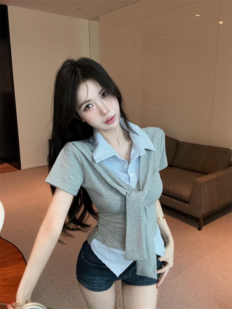 실사 여름 켜기 새로운 높음 지혜 센스 패션 페이크 레이어드 숄 반팔 패치워크 여성 셔츠 학원 스타일 티셔츠 맨위 상세 이미지 9