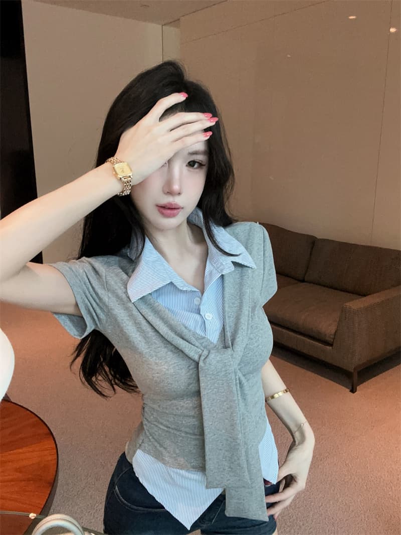 실사 여름 켜기 새로운 높음 지혜 센스 패션 페이크 레이어드 숄 반팔 패치워크 여성 셔츠 학원 스타일 티셔츠 맨위 상세 이미지 10