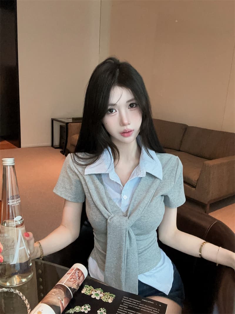 실사 여름 켜기 새로운 높음 지혜 센스 패션 페이크 레이어드 숄 반팔 패치워크 여성 셔츠 학원 스타일 티셔츠 맨위 상세 이미지 11