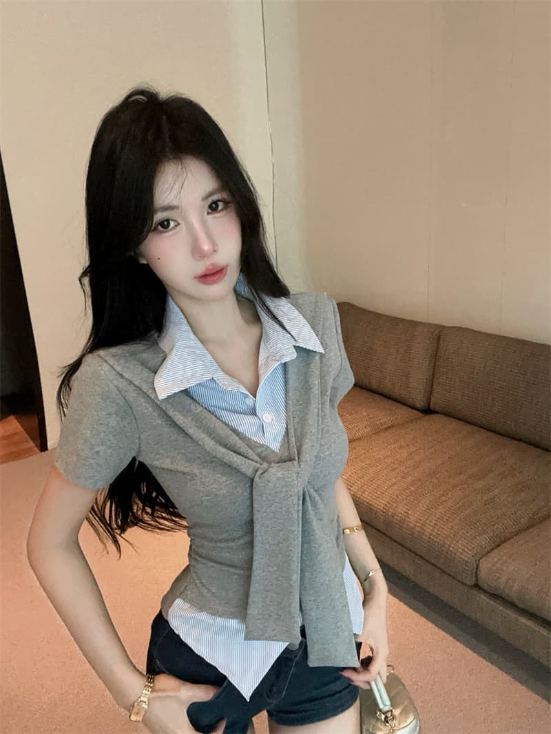 실사 여름 켜기 새로운 높음 지혜 센스 패션 페이크 레이어드 숄 반팔 패치워크 여성 셔츠 학원 스타일 티셔츠 맨위 상세 이미지 12