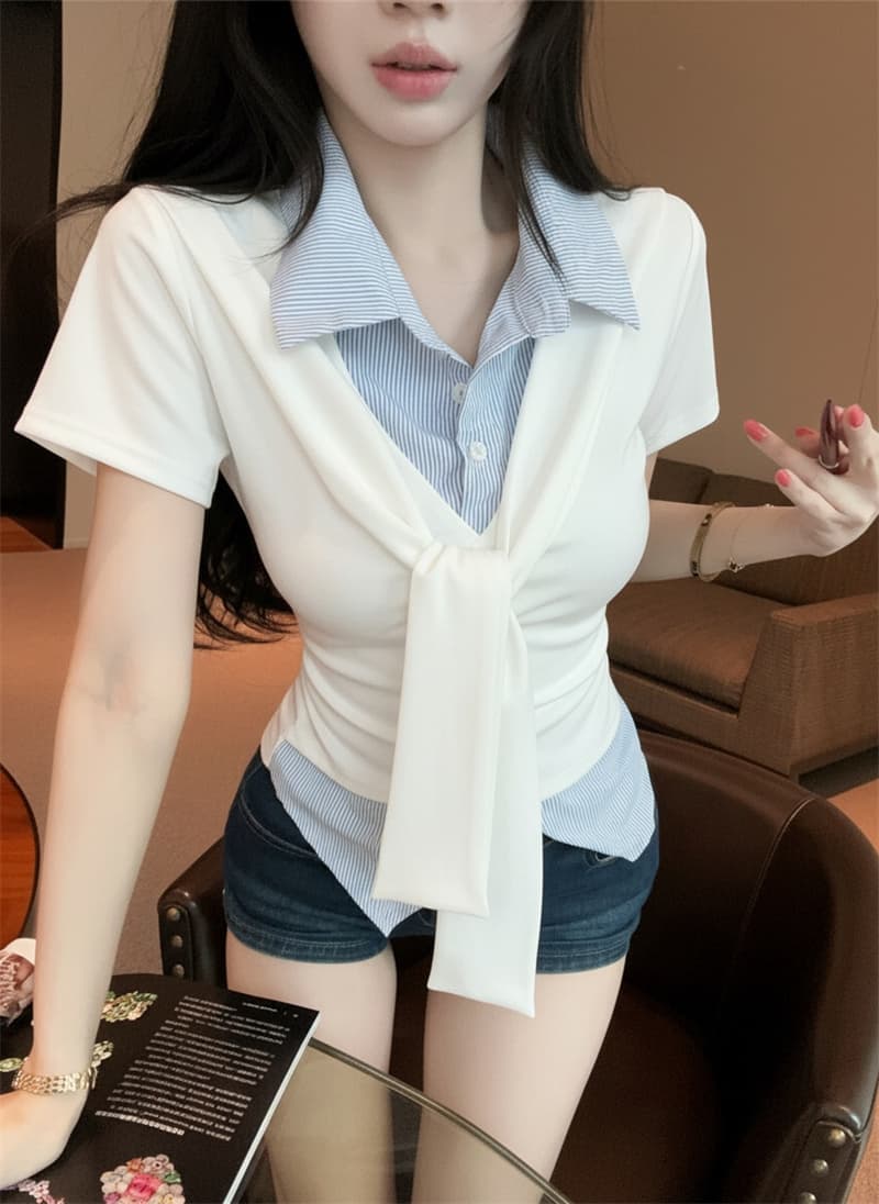 실사 여름 켜기 새로운 높음 지혜 센스 패션 페이크 레이어드 숄 반팔 패치워크 여성 셔츠 학원 스타일 티셔츠 맨위 상세 이미지 14