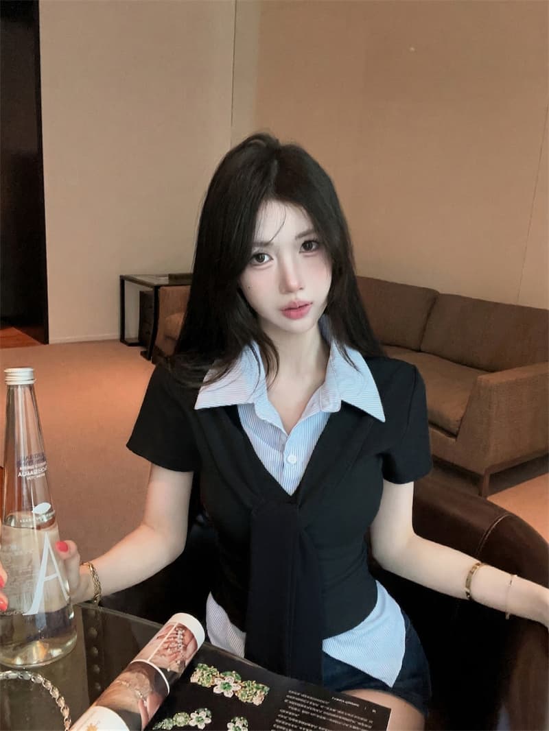 실사 여름 켜기 새로운 높음 지혜 센스 패션 페이크 레이어드 숄 반팔 패치워크 여성 셔츠 학원 스타일 티셔츠 맨위 상세 이미지 18