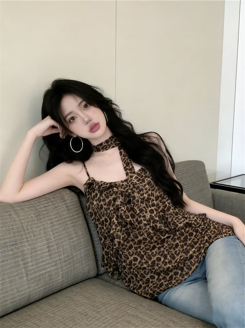있음 보호 여름 켜기 새로운 순수한 욕망 바람 슈퍼 폭발 ~ 중 프릴 레오파드 무늬 슬립 시폰 셔츠 여성 경기 스카프 이미지 2