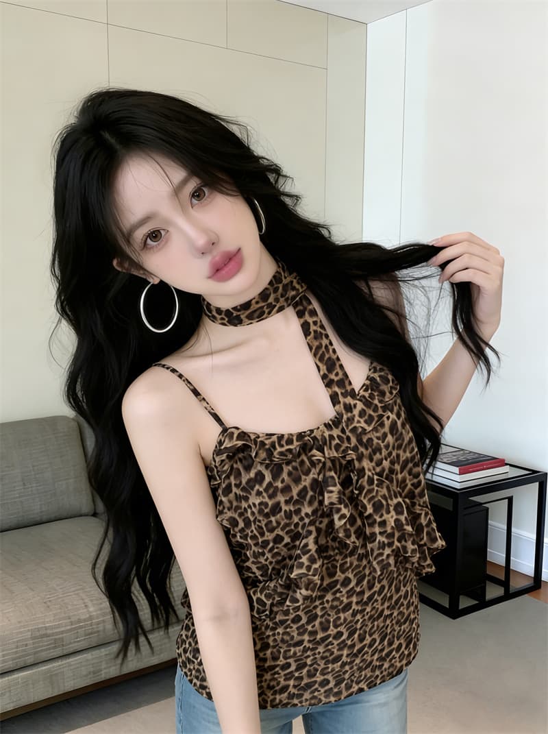 있음 보호 여름 켜기 새로운 순수한 욕망 바람 슈퍼 폭발 ~ 중 프릴 레오파드 무늬 슬립 시폰 셔츠 여성 경기 스카프 이미지 4