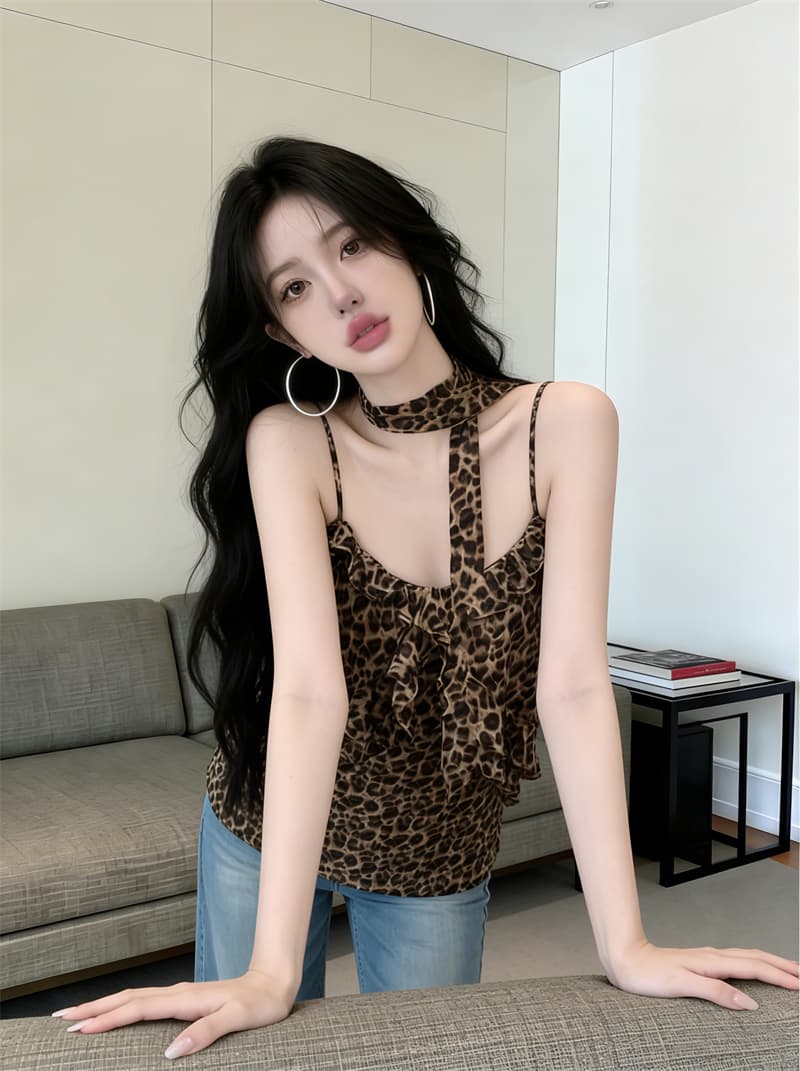 있음 보호 여름 켜기 새로운 순수한 욕망 바람 슈퍼 폭발 ~ 중 프릴 레오파드 무늬 슬립 시폰 셔츠 여성 경기 스카프 상세 이미지 6