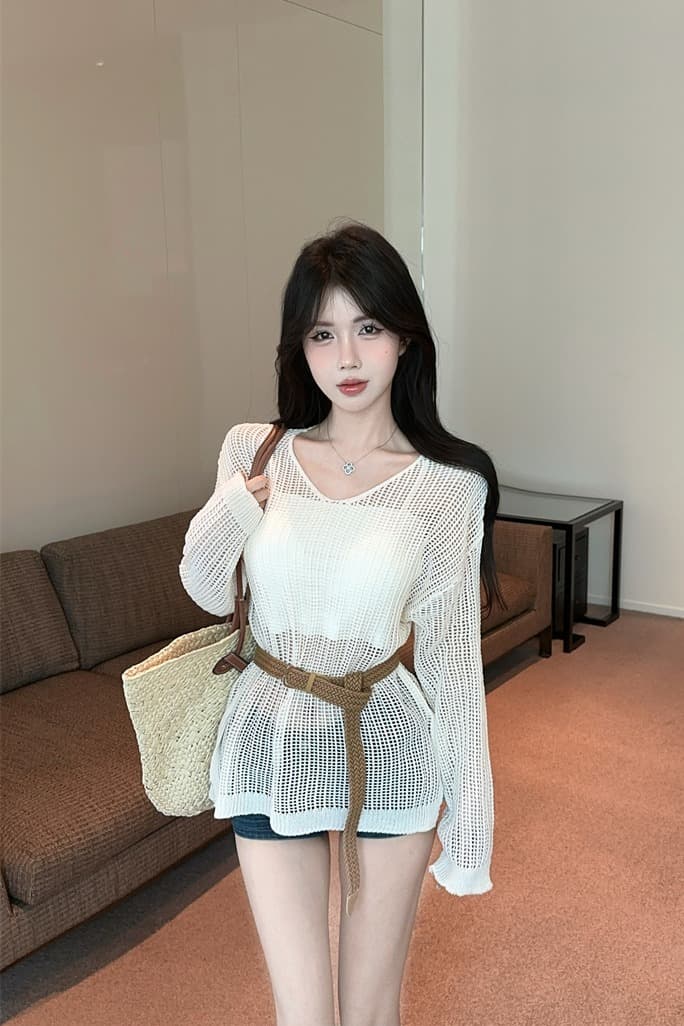 실사 2026 봄 여름 핫걸 느긋한 품격 긴팔 홀로우 아웃 니트 블라우스 캐미솔 세 조각 여성 세트 이미지 6