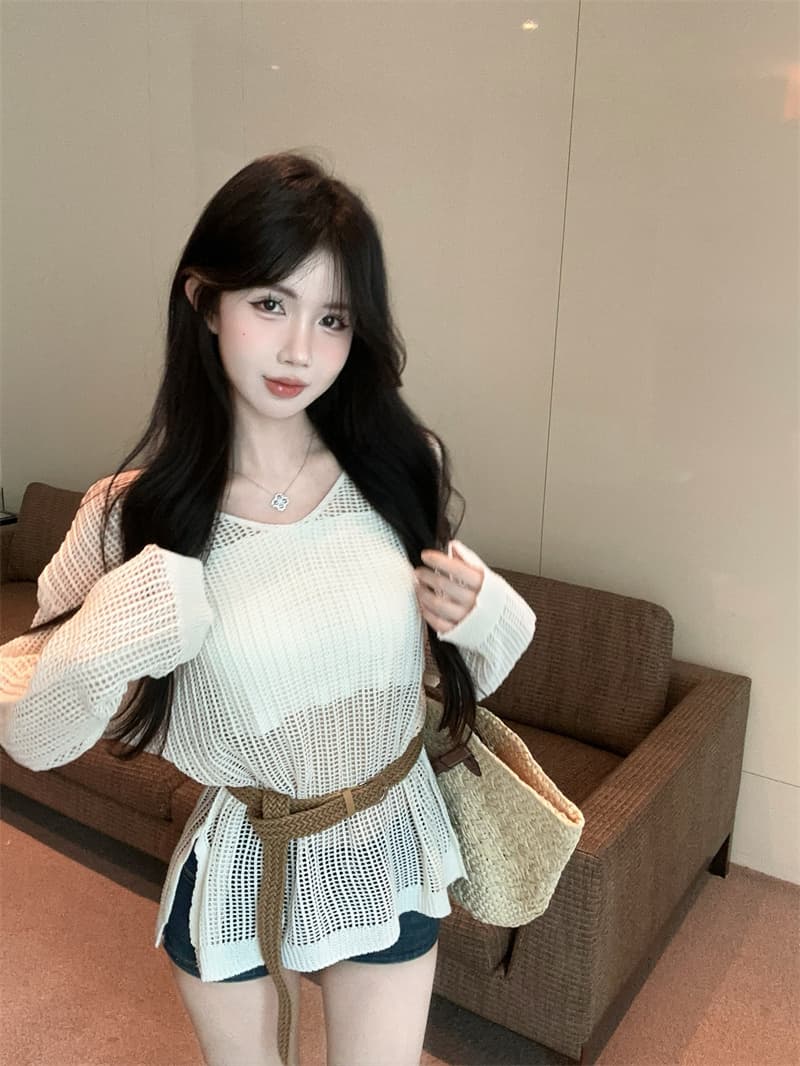 실사 2026 봄 여름 핫걸 느긋한 품격 긴팔 홀로우 아웃 니트 블라우스 캐미솔 세 조각 여성 세트 상세 이미지 3