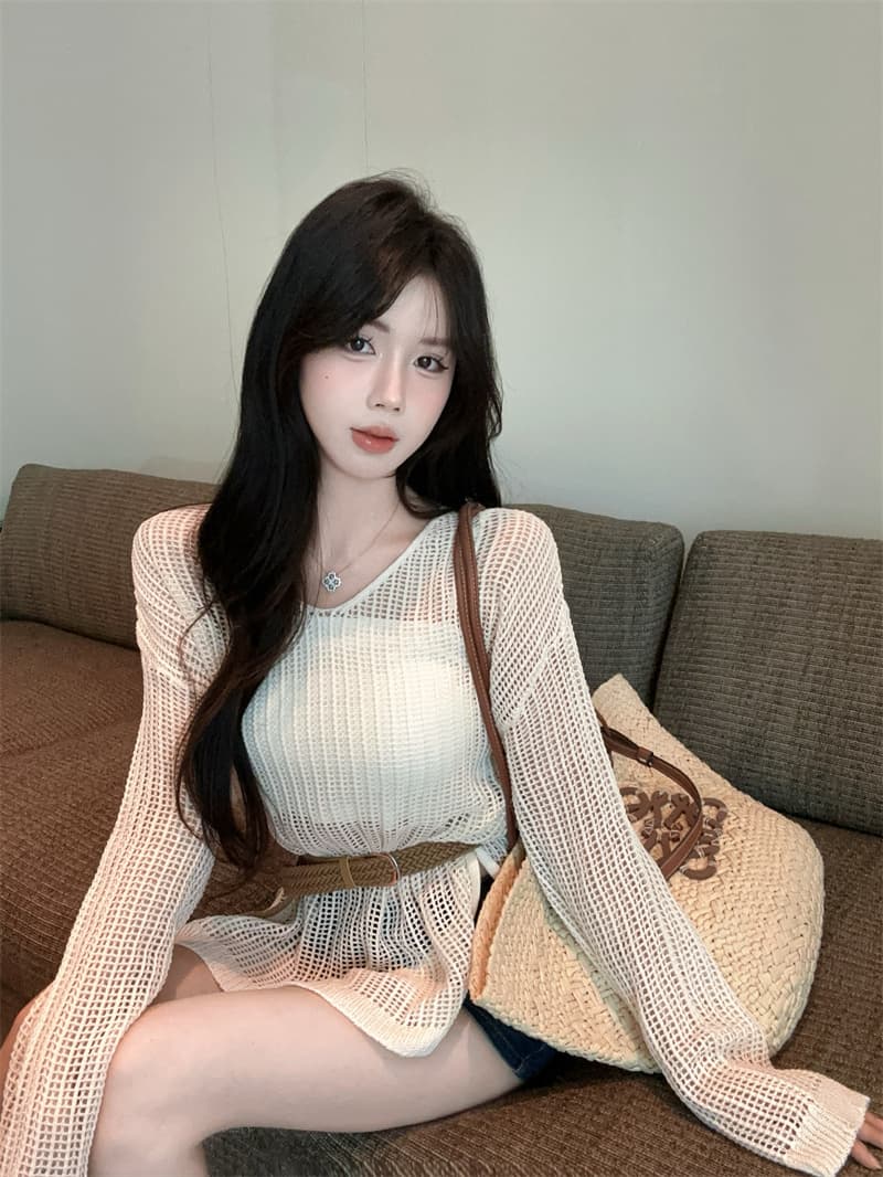 실사 2026 봄 여름 핫걸 느긋한 품격 긴팔 홀로우 아웃 니트 블라우스 캐미솔 세 조각 여성 세트 상세 이미지 4