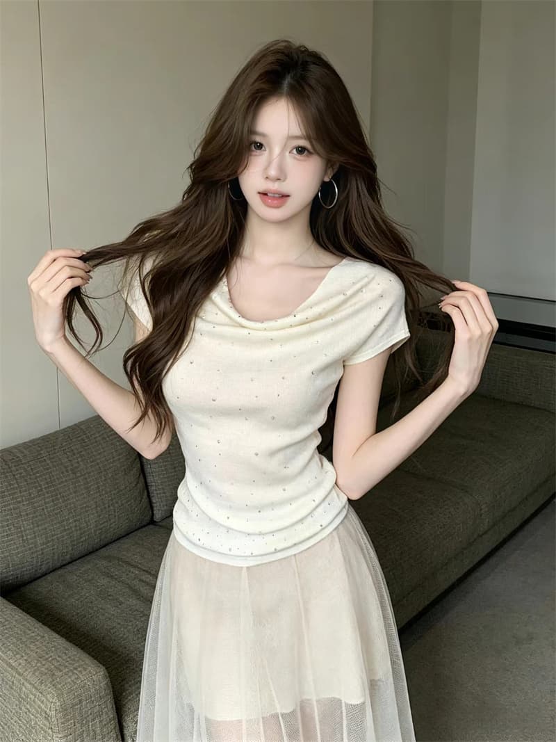 있음 보호 여름 켜기 새로운 순수한 욕망 흔들다 칼라 핫픽스 반팔 니트 스웨터 여성 고급 센스 인사이드 잡아라. 의류 여성 이미지 3