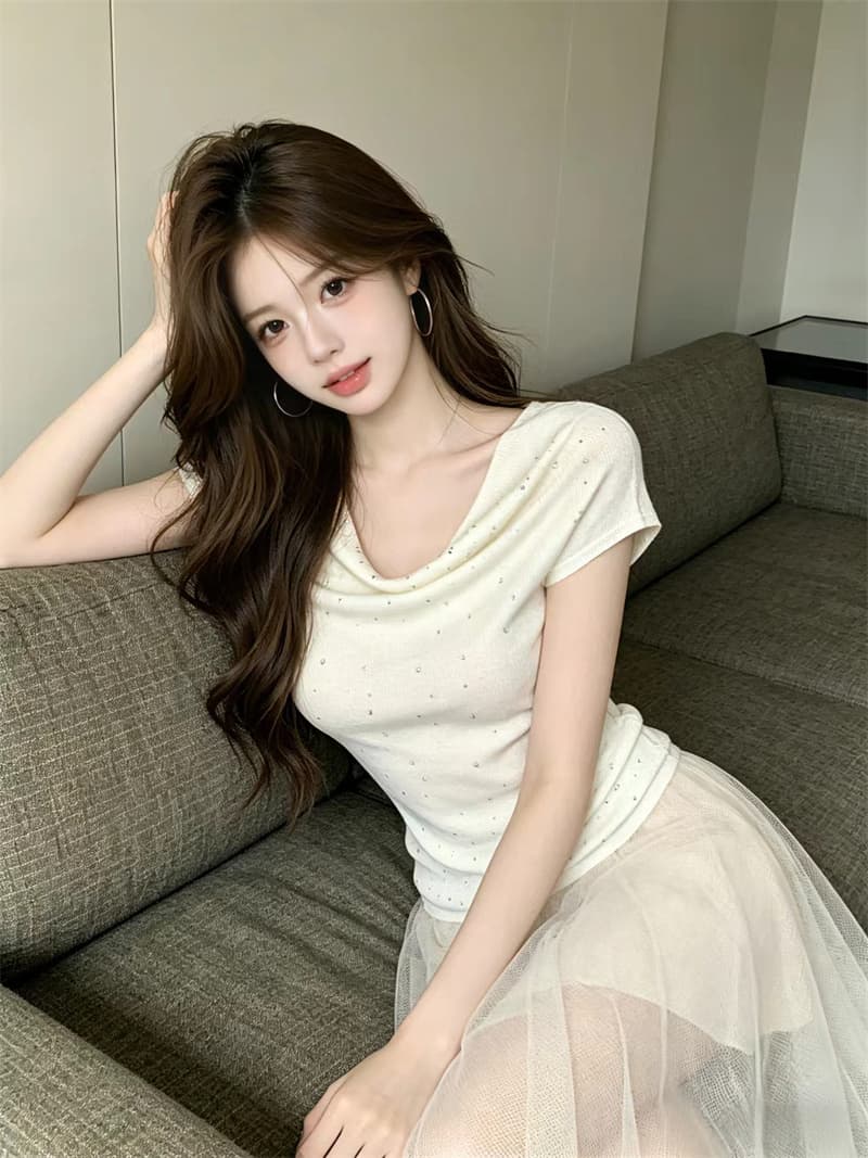 있음 보호 여름 켜기 새로운 순수한 욕망 흔들다 칼라 핫픽스 반팔 니트 스웨터 여성 고급 센스 인사이드 잡아라. 의류 여성 상세 이미지 6