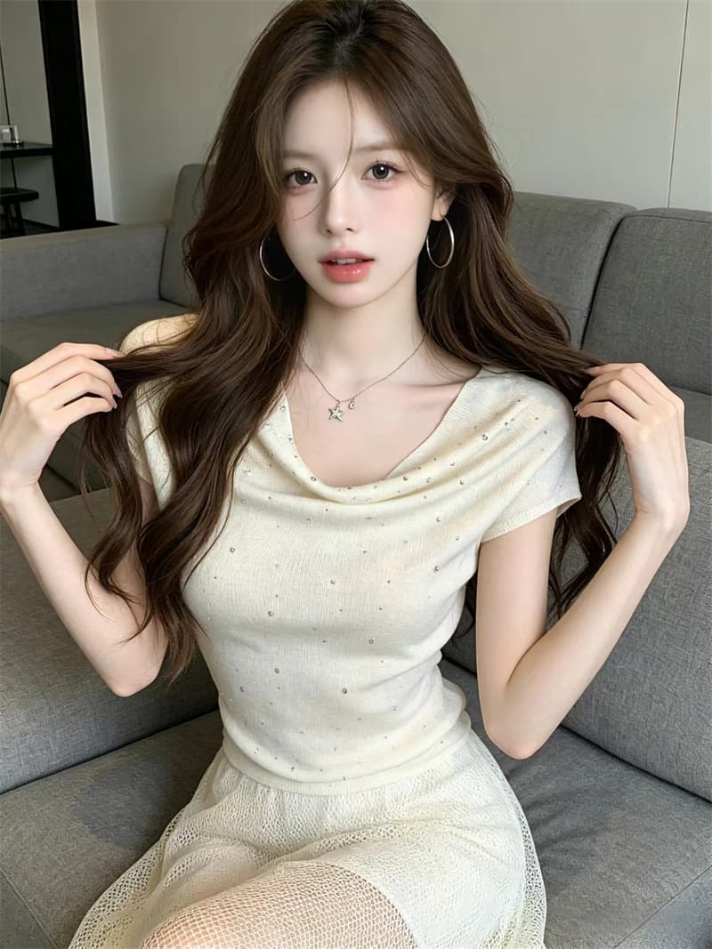 있음 보호 여름 켜기 새로운 순수한 욕망 흔들다 칼라 핫픽스 반팔 니트 스웨터 여성 고급 센스 인사이드 잡아라. 의류 여성 상세 이미지 7