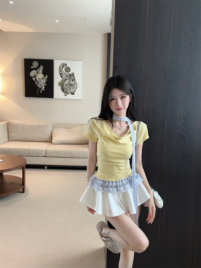 실사 여름 켜기 새로운 한 부서 흔들다 칼라 페이크 레이어드 배색 체크무늬 반팔 티셔츠 여성 연령 감소 맨위 리본 이미지 3