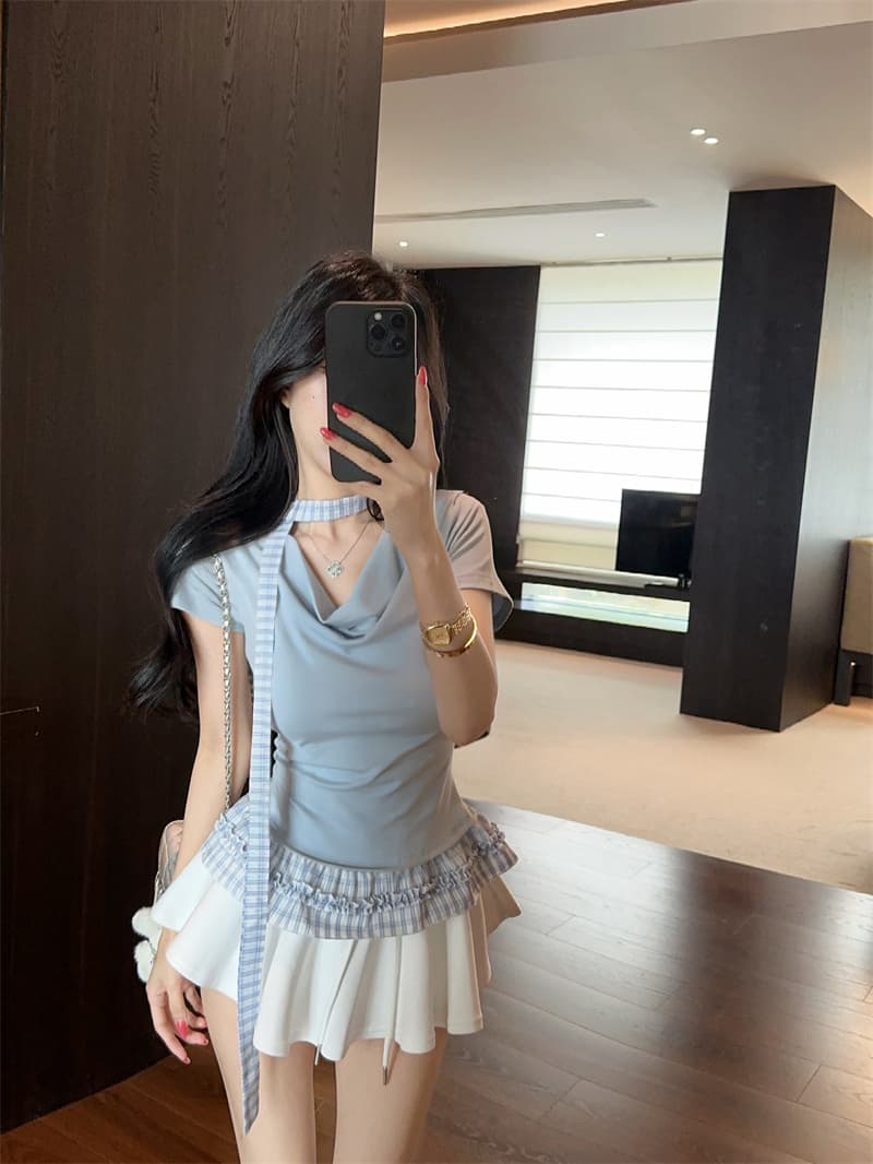 실사 여름 켜기 새로운 한 부서 흔들다 칼라 페이크 레이어드 배색 체크무늬 반팔 티셔츠 여성 연령 감소 맨위 리본 이미지 4