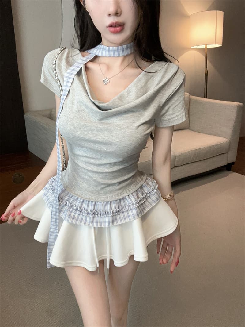 실사 여름 켜기 새로운 한 부서 흔들다 칼라 페이크 레이어드 배색 체크무늬 반팔 티셔츠 여성 연령 감소 맨위 리본 상세 이미지 1