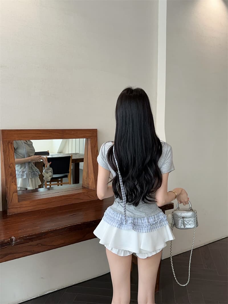 실사 여름 켜기 새로운 한 부서 흔들다 칼라 페이크 레이어드 배색 체크무늬 반팔 티셔츠 여성 연령 감소 맨위 리본 상세 이미지 7