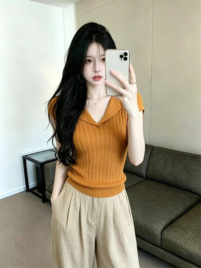 있음 보호 여름 켜기 새로운 익스트림 제인 폴로 칼라 구덩이 기사 니트 스웨터 여성 품격 몸매 가꾸기 슬림해 보이는 반팔 맨위 작은 셔츠