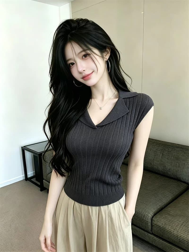 있음 보호 여름 켜기 새로운 익스트림 제인 폴로 칼라 구덩이 기사 니트 스웨터 여성 품격 몸매 가꾸기 슬림해 보이는 반팔 맨위 작은 셔츠 이미지 2
