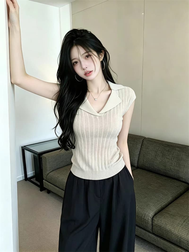있음 보호 여름 켜기 새로운 익스트림 제인 폴로 칼라 구덩이 기사 니트 스웨터 여성 품격 몸매 가꾸기 슬림해 보이는 반팔 맨위 작은 셔츠 이미지 3