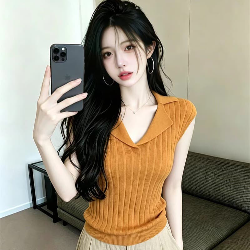 있음 보호 여름 켜기 새로운 익스트림 제인 폴로 칼라 구덩이 기사 니트 스웨터 여성 품격 몸매 가꾸기 슬림해 보이는 반팔 맨위 작은 셔츠 이미지 5