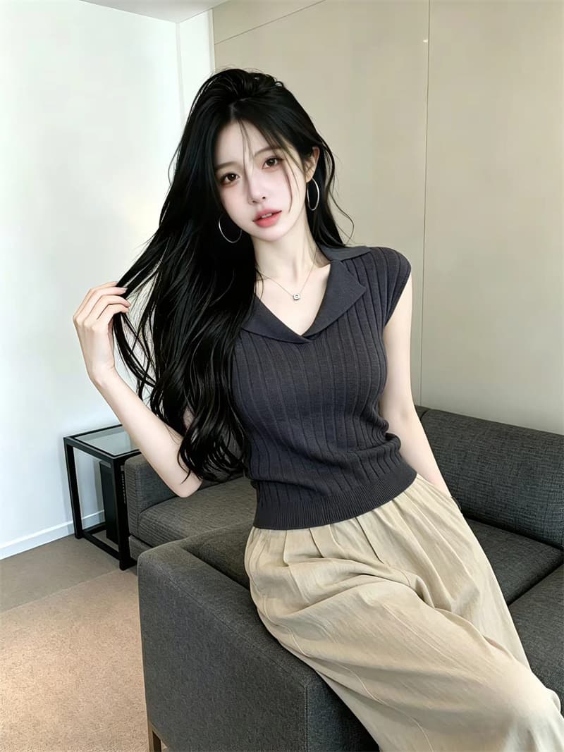 있음 보호 여름 켜기 새로운 익스트림 제인 폴로 칼라 구덩이 기사 니트 스웨터 여성 품격 몸매 가꾸기 슬림해 보이는 반팔 맨위 작은 셔츠 상세 이미지 7