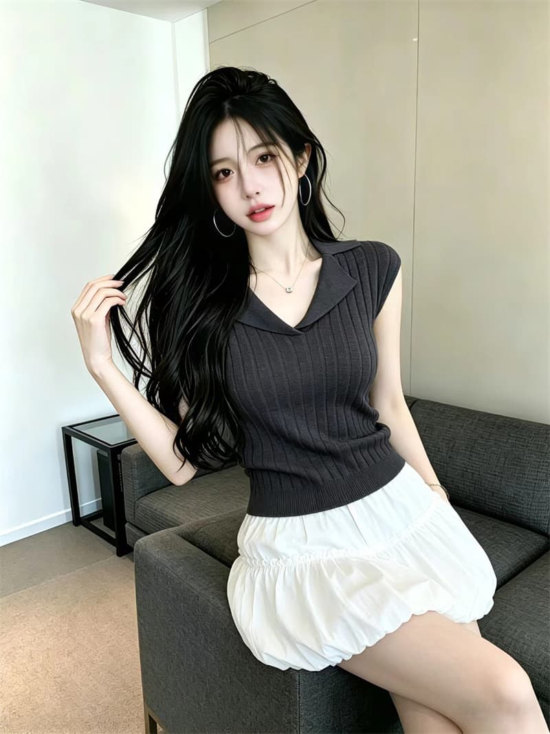 있음 보호 여름 켜기 새로운 익스트림 제인 폴로 칼라 구덩이 기사 니트 스웨터 여성 품격 몸매 가꾸기 슬림해 보이는 반팔 맨위 작은 셔츠 상세 이미지 8