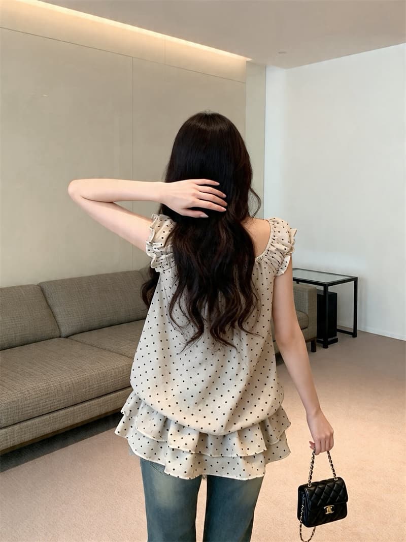있음 보호 여름 켜기 새로운 한 부서 도트 무늬 행침 목 페이크 레이어드 밑단 프릴 민소매 여성 드레스 치마 이미지 4