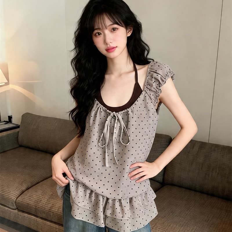 있음 보호 여름 켜기 새로운 한 부서 도트 무늬 행침 목 페이크 레이어드 밑단 프릴 민소매 여성 드레스 치마 이미지 5