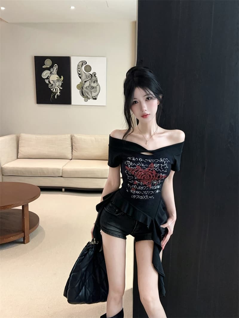 실사 여름 켜기 새로운 순수한 욕망 핫걸 바람 트위스트 로프 오프숄더 불규칙 리본 반팔 티셔츠 여성 몸매 가꾸기 맨위 이미지 3
