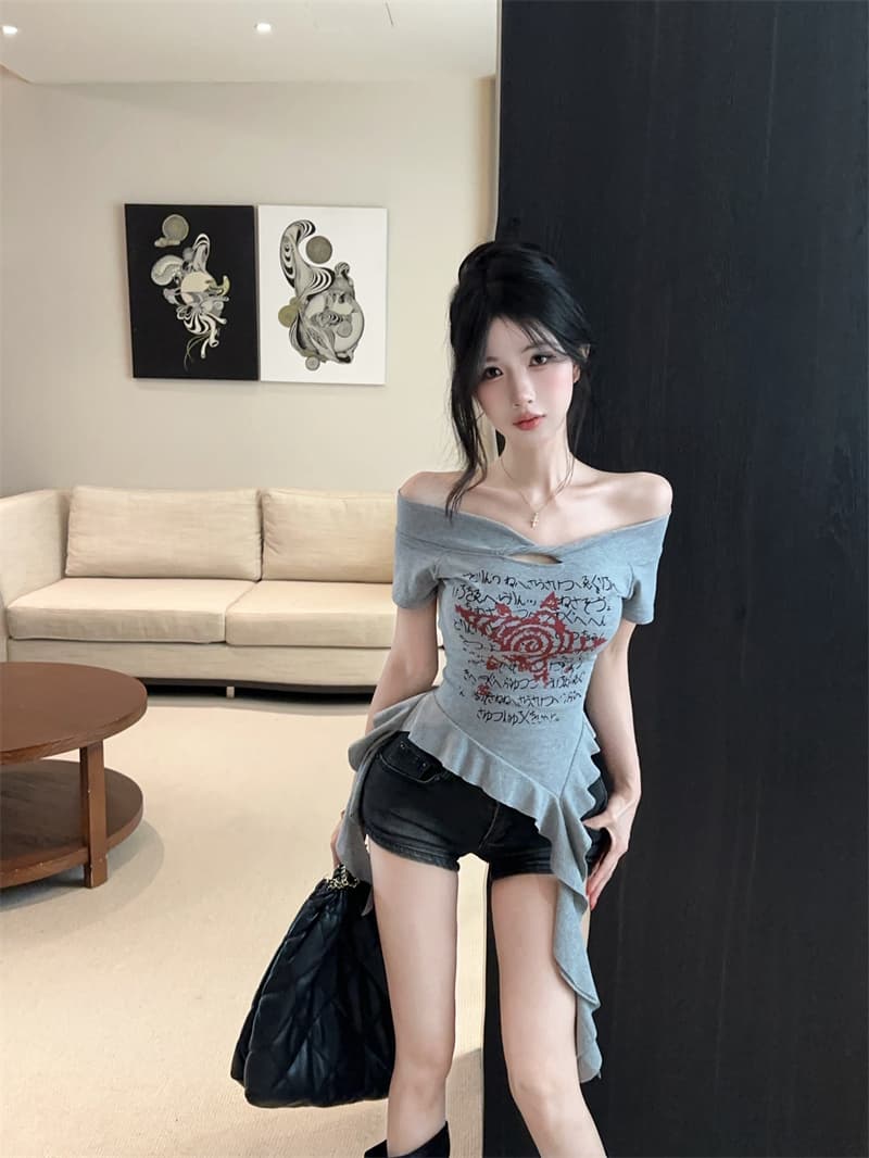 실사 여름 켜기 새로운 순수한 욕망 핫걸 바람 트위스트 로프 오프숄더 불규칙 리본 반팔 티셔츠 여성 몸매 가꾸기 맨위 상세 이미지 13