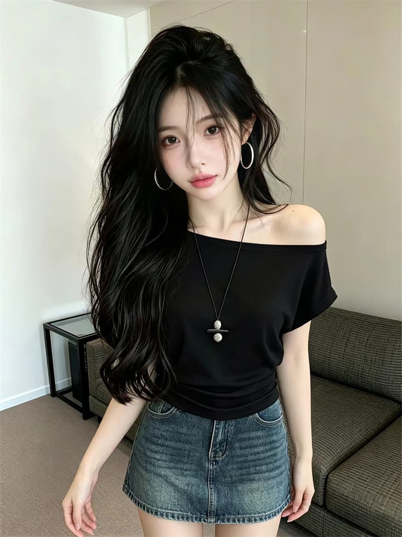 있음 보호 여름 켜기 새로운 느긋한 바람 오프숄더 연령 감소 디자인 고급 센스 반팔 티셔츠 여성 이슬 쇄골 맨위 이미지 3