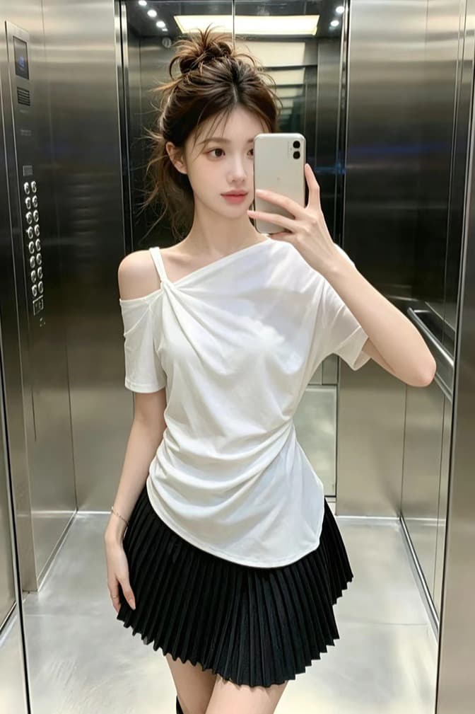 있음 보호 여름 켜기 새로운 한 부서 비틀림 오프숄더 불규칙 허리 수축 슬림해 보이는 반팔 티셔츠 여성 품격 맨위 이미지 6