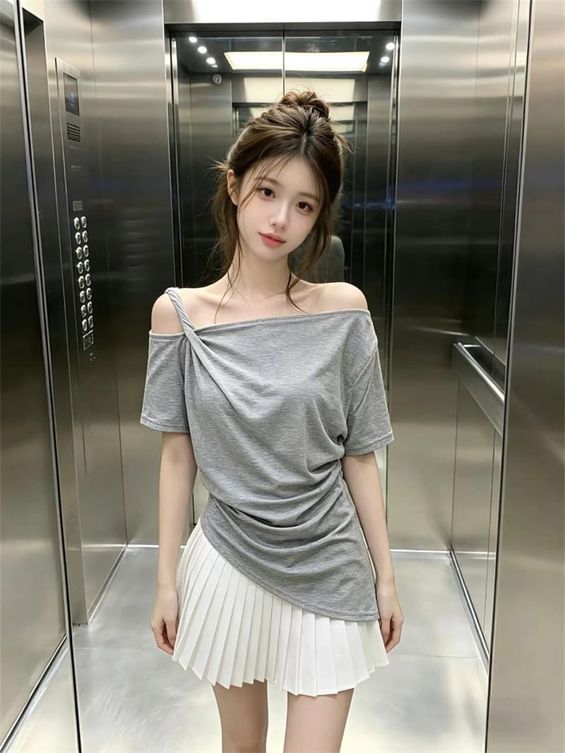 있음 보호 여름 켜기 새로운 한 부서 비틀림 오프숄더 불규칙 허리 수축 슬림해 보이는 반팔 티셔츠 여성 품격 맨위 상세 이미지 7