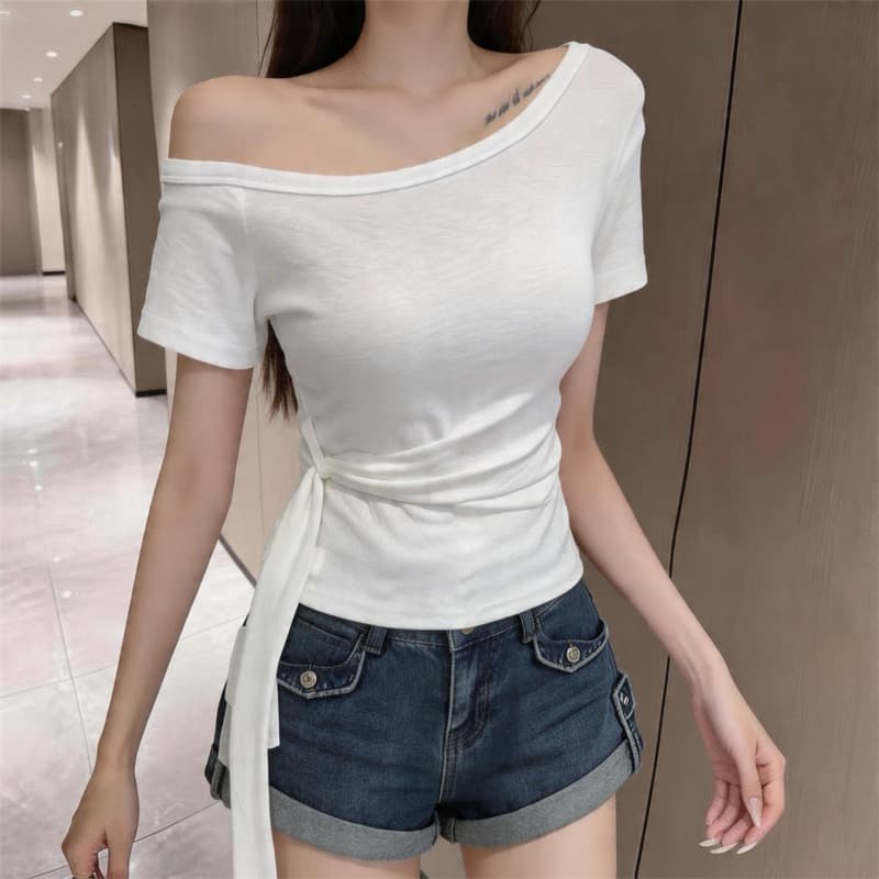 있음 보호 여름 켜기 새로운 비스듬한 어깨 디자인 대나무 마디 면 스트랩 반팔 티셔츠 여성 몸매 가꾸기 맨위 작은 셔츠 이미지 5