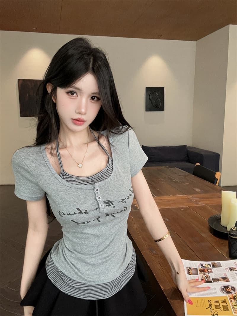 실사 여름 켜기 새로운 순수한 욕망 배색 스트라이프 페이크 레이어드 반팔 티셔츠 여성 몸매 가꾸기 슬림해 보이는 프린트 맨위 작은 셔츠 상세 이미지 12