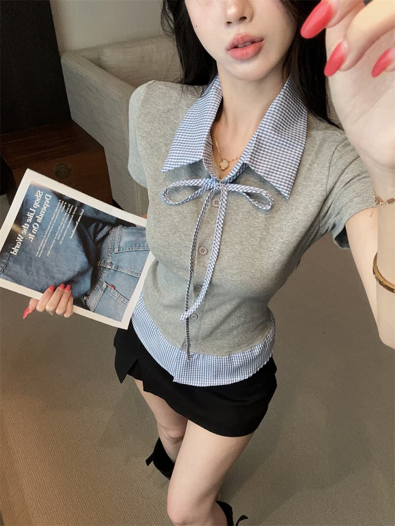 실사 여름 켜기 새로운 학원 스타일 패치워크 체크무늬 폴로 칼라 자수 반팔 맨위 페이크 레이어드 몸매 가꾸기 티셔츠 여성 상세 이미지 9
