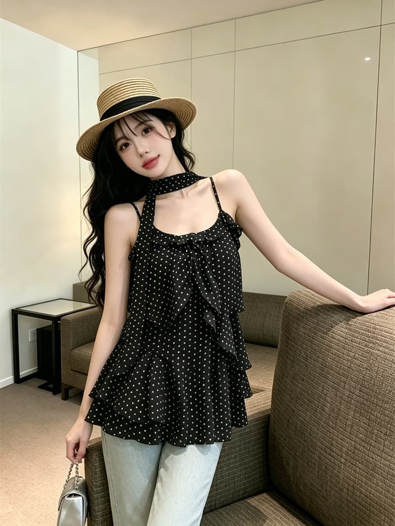 있음 보호 여름 켜기 새로운 순수한 욕망 바람 슈퍼 폭발 ~ 중 프릴 도트 무늬 슬립 시폰 셔츠 여성 경기 스카프 상세 이미지 2
